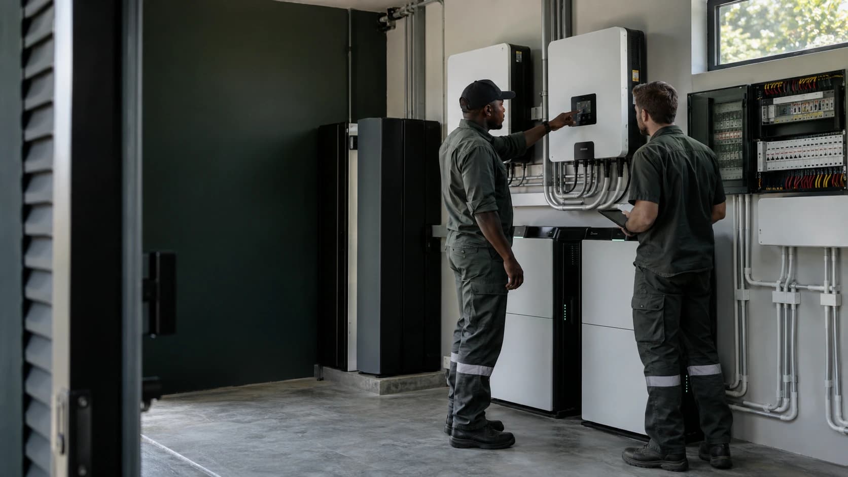 Engineering team reviewing a completed inverter, battery and electrical control installation