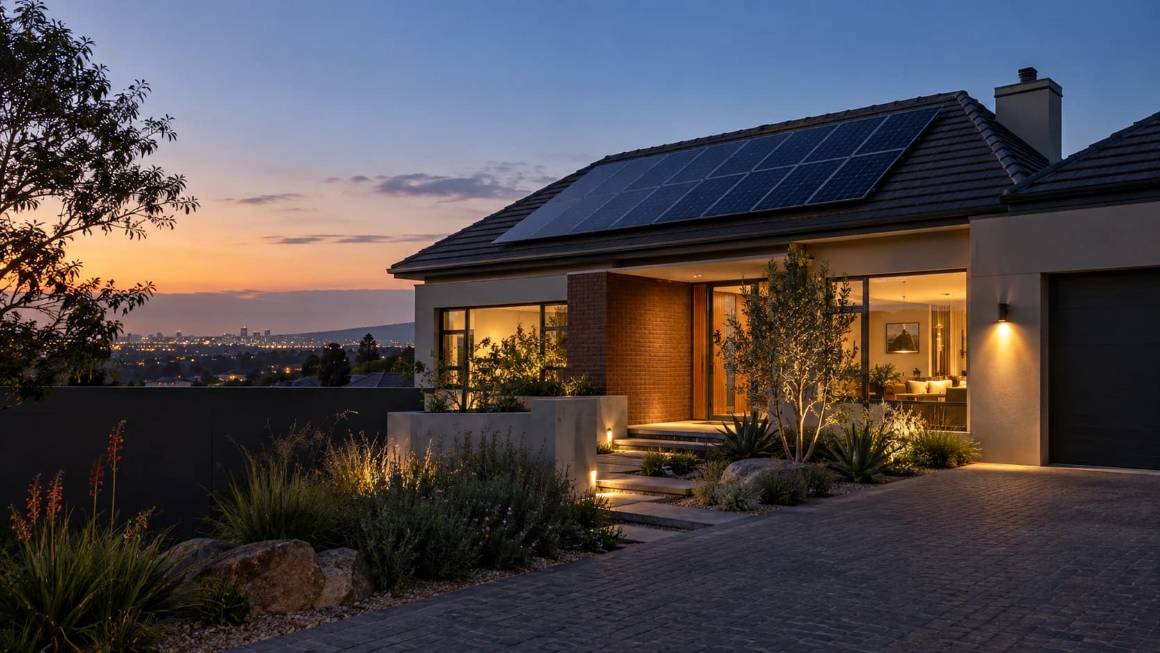 Contemporary South African home with an integrated rooftop solar array at blue hour