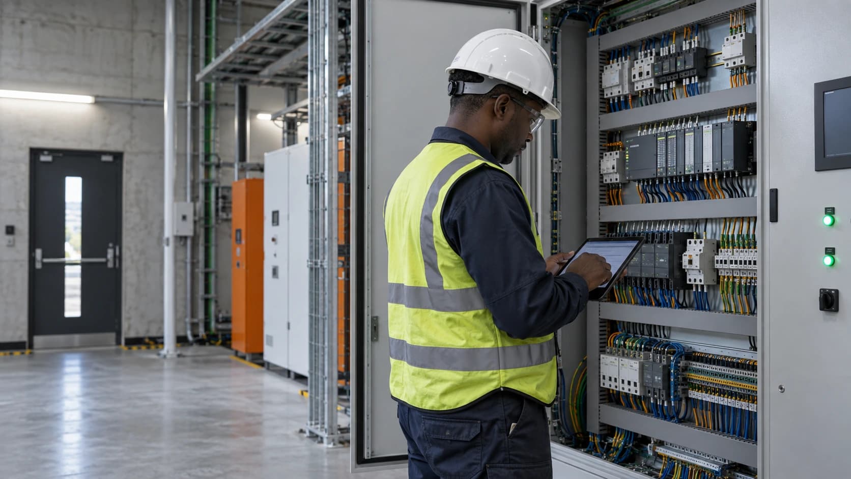 Technician commissioning a modern electrical automation cabinet in a commercial plant room