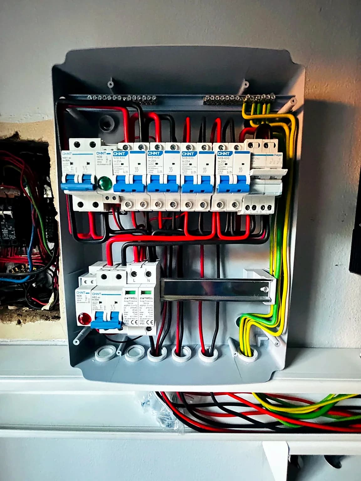 Close-up of a distribution board with neatly routed and colour-coded wiring