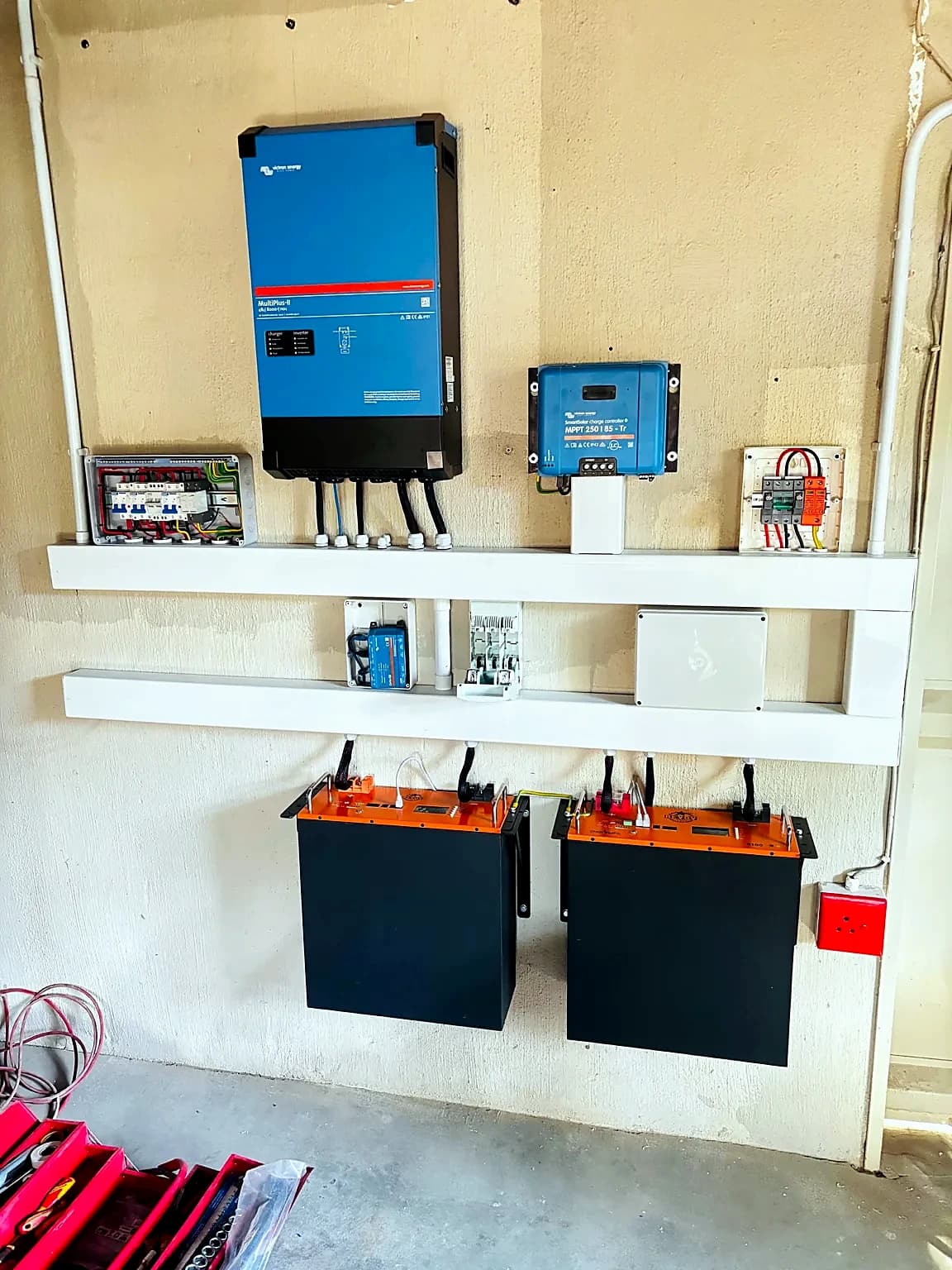 Victron inverter, charge controller and battery bank installed for backup power